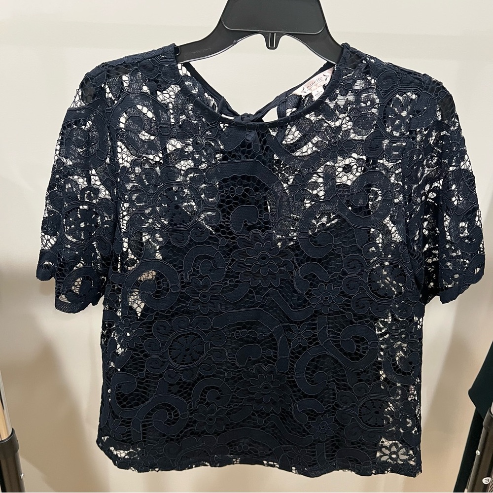 Nanette Lepore Navy Floral Lace Short Sleeve Top